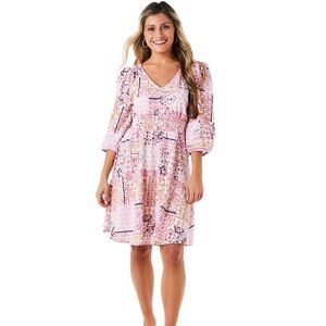 NWT Absolutely Famous White Pink Paisley Puff Elbow Sleeve Crepe Dress S…